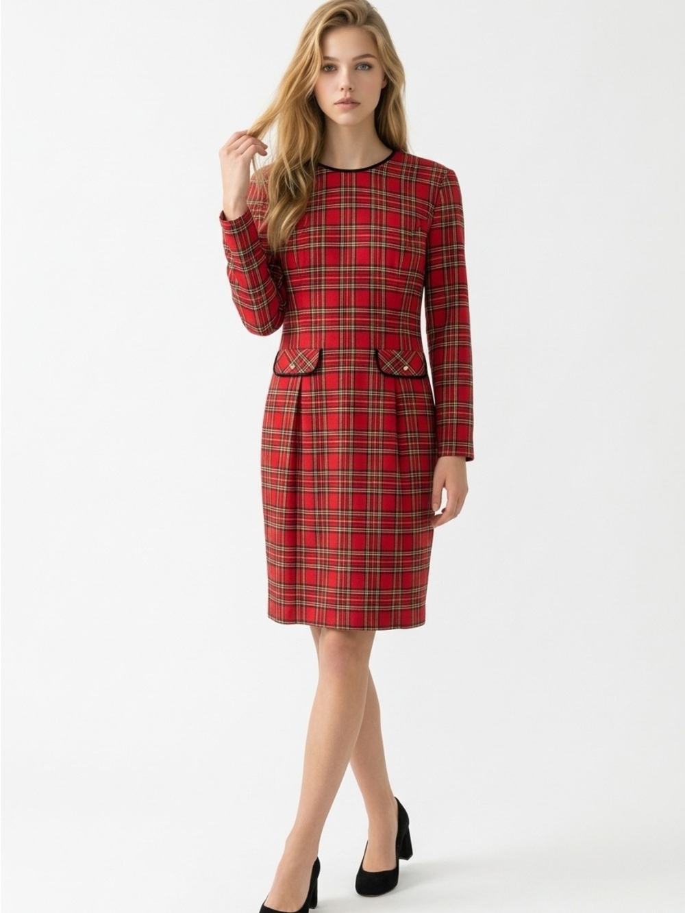 Vintage Talbots Red Plaid Long-Sleeve Sheath Dress
